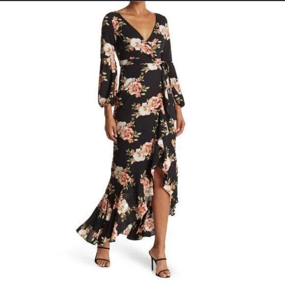 067 NWT LIKELY Sophia Perla Long Sleeve Floral Maxi Dress Black Wedding Guest